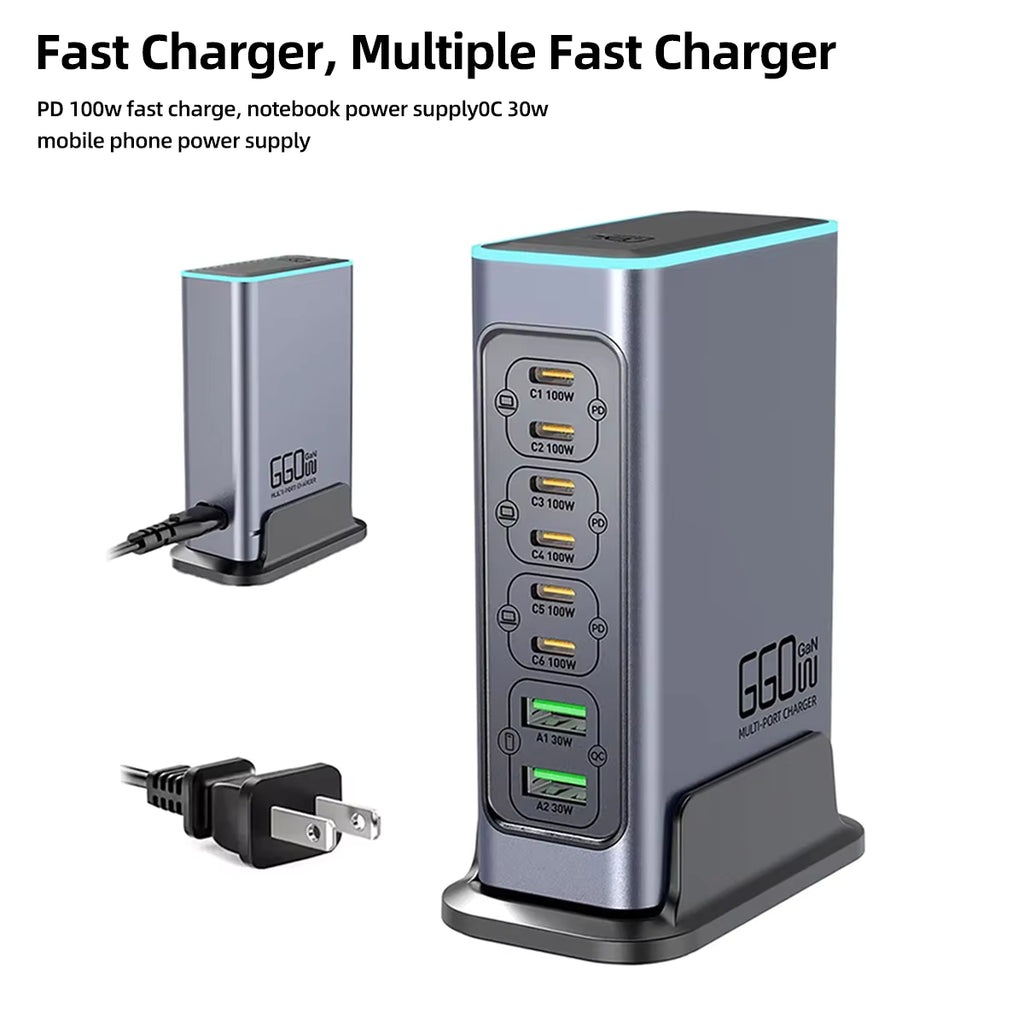 660W GaN Charger USB C Fast Desktop 8-port USB Type C PD Charger Fast Charge 3.0 USB Type C Fast Charger for iPhone16 15 Samsung