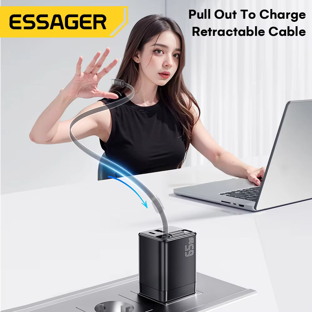 شاحن سريع نوع C PD 65 واط شاحن USB مع كابل قابل للسحب من النوع C. — Essager 65 واط شاحن سريع نوع C P