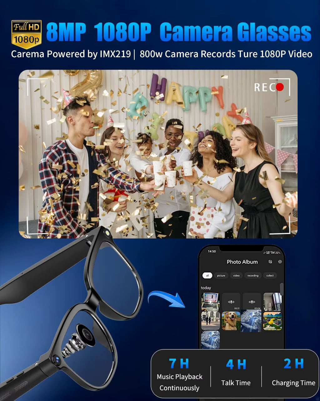 نظارات ذكية بتقنية الذكاء الاصطناعي مع كاميرا عالية الدقة 1080P وسماعات بلوتوث 5.4 لاسلكية ومساعد صو