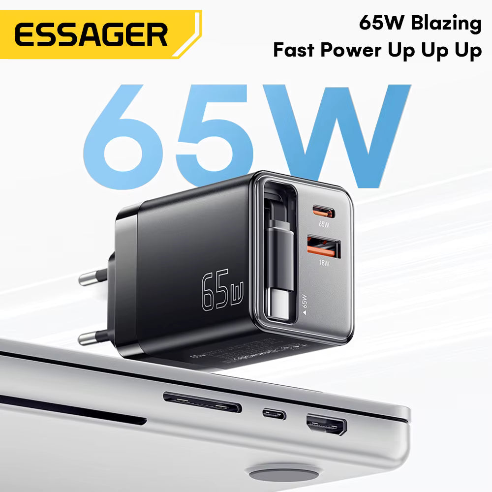 شاحن سريع نوع C PD 65 واط شاحن USB مع كابل قابل للسحب من النوع C. — Essager 65 واط شاحن سريع نوع C P