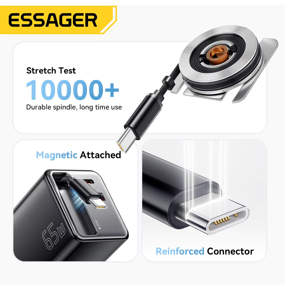 شاحن سريع نوع C PD 65 واط شاحن USB مع كابل قابل للسحب من النوع C. — Essager 65 واط شاحن سريع نوع C P