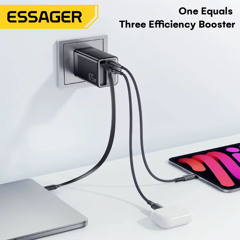 شاحن سريع نوع C PD 65 واط شاحن USB مع كابل قابل للسحب من النوع C. — Essager 65 واط شاحن سريع نوع C P